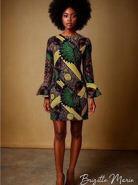Green & Brown African Printed Bell-Sleeve Mini Dress